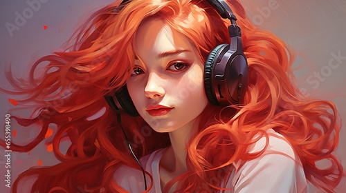 A young red-haired girl listens to music with large headphones. Street anime style, hip-hop movement.