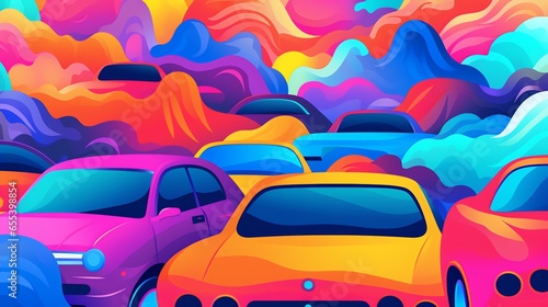 Psychedelic Spaces: Flat Cartoon Illustration of Cars in a Vibrant Vector Style