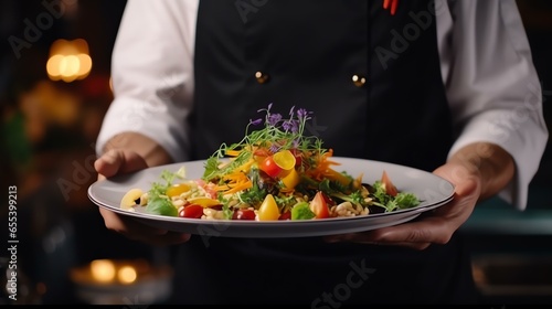Modern food stylist decorating meal for presentation in restaurant. Closeup of food stylish. Restaurant serving. Close-up on the hand of a waiter carrying food