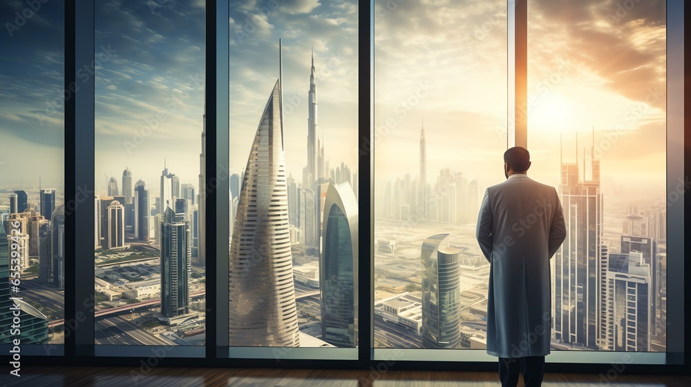 Arab businessman in traditional clothing stands in his office against a backdrop of skyscrapers. Back view.