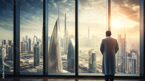 Arab businessman in traditional clothing stands in his office against a backdrop of skyscrapers. Back view.