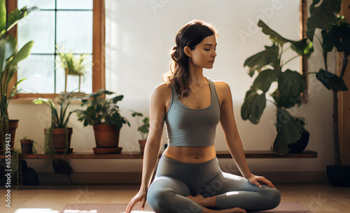 young asian beauty woman doing yoga at home