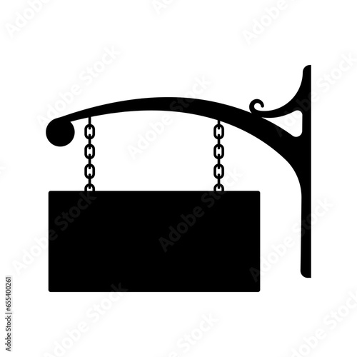 Signboard hanging on a chain icon. Black silhouette. Front side view. Vector simple flat graphic illustration. Isolated object on a white background. Isolate.