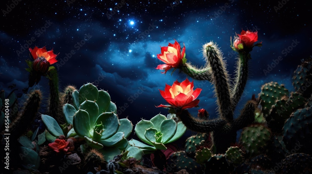 Obraz premium Cactus at night with starry sky. 3D rendering.