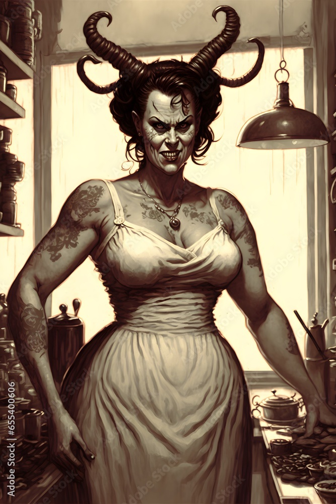 full perspective large demon housewife detailed 