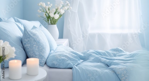 A cozy bedroom in light blue with flowers and candles. a bed with pillows, a duvet, and a duvet case. blue sofa and blue bed linens. bed and bedding in the bedroom. hazy image of a bright bedroom wit