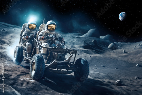 Two astronauts on a moon buggy expedition, concept of space technology and moon exploration