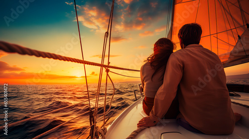 Panorama of young Hispanic couple at leisure sailing the ocean relaxing on luxury yacht watching the sunset on the horizon.	
