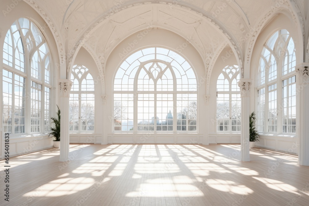 High-key view of wedding venue room with flowers and ornate windows