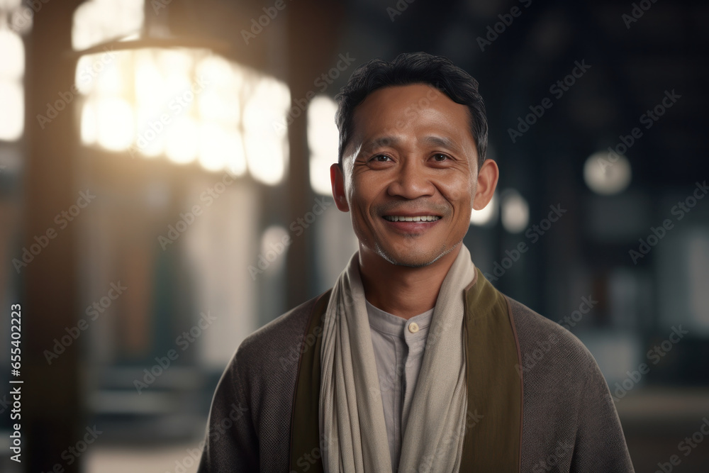Fototapeta premium Elegantly Dressed and Joyful: An Indonesian Man in a Chic Cardigan.