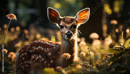Cute deer looking at camera in green meadow, summer beauty generated by AI