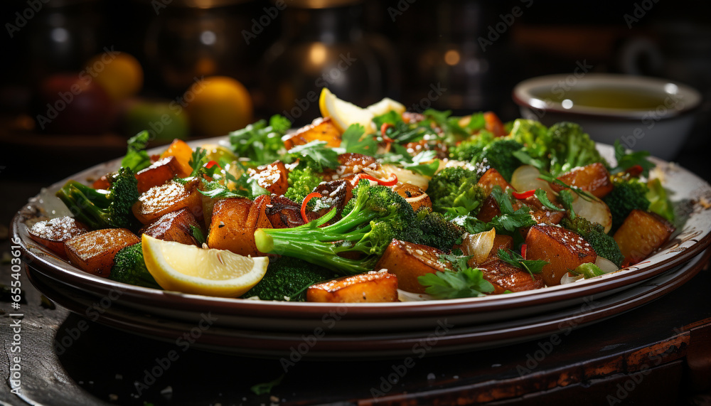 Freshness on a plate healthy gourmet meal with grilled seafood generated by AI Freshness on a plate healthy gourmet meal with grilled seafood generated by AI