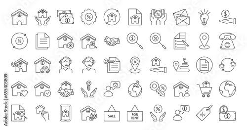 Real estate line icons set. House, people, cottage, money, purchase, discount, sale, letter, key, exchange, location, contract, papers, phone. Vector stock illustration.