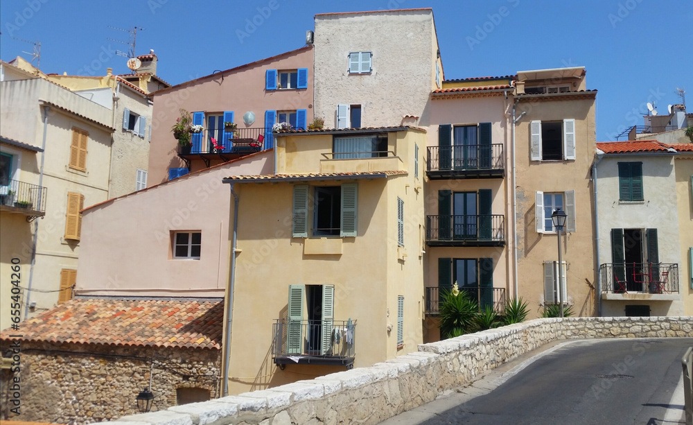 view from below on the historic buildings of the Old Town, Antibes, Côte d'Azur, France