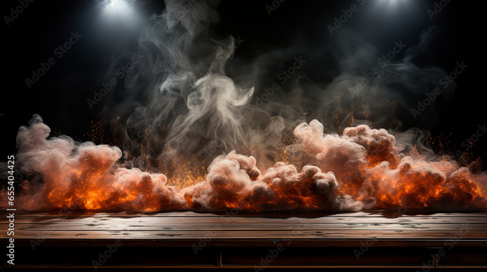 Empty wooden table with smoke float up on dark background Empty wooden table with smoke float up on dark background
