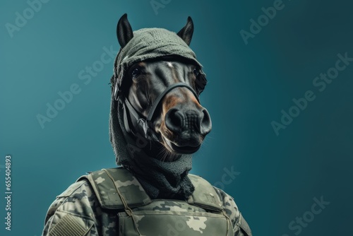 Portrait of horse in military uniform. AI generative art