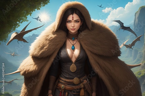 troglodyte shaman girl casts a spell to tame a flock of pterosaurs dinosaurs illustration generative ai