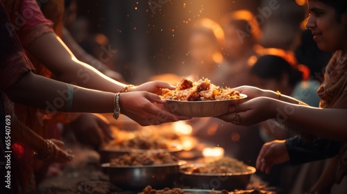 Close up of woman hands sharing food to underprivileged people as a charity during Diwali