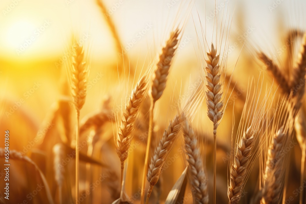 Close up view on wheat field with golden sunset light during sunny summer day. Generative Ai. Close up view on wheat field with golden sunset light during sunny summer day. Generative Ai.