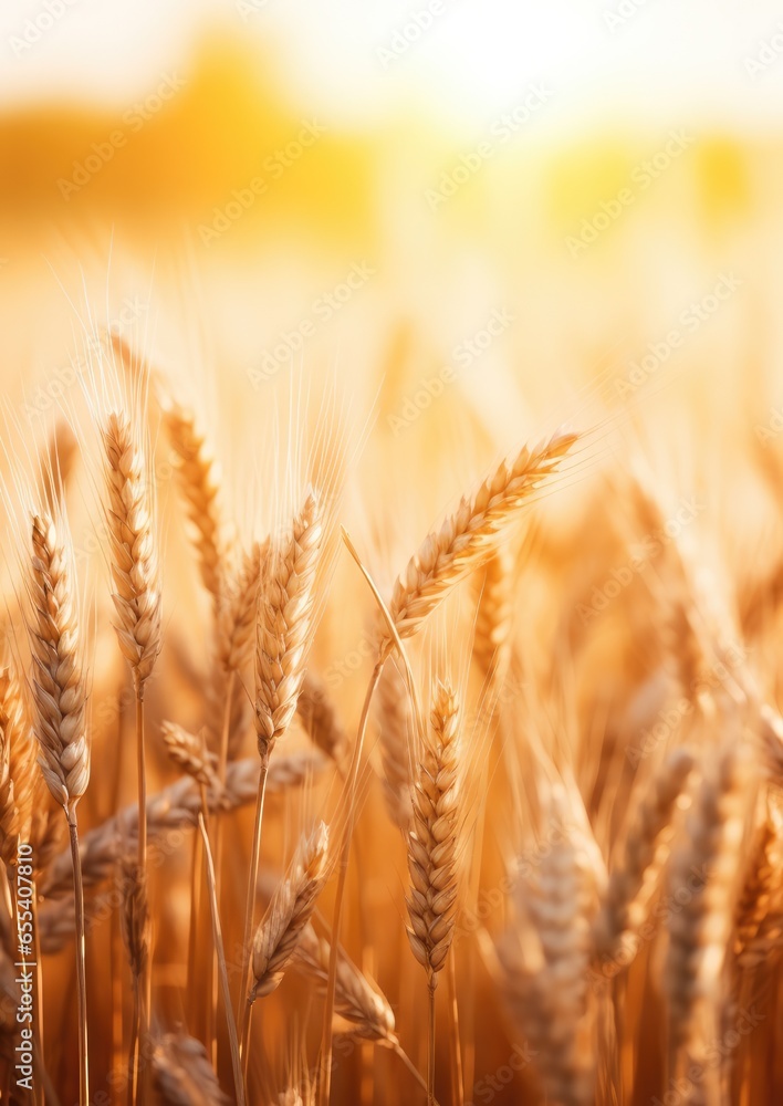 Close up view on wheat field with golden sunset light during sunny summer day. Generative Ai. Close up view on wheat field with golden sunset light during sunny summer day. Generative Ai.