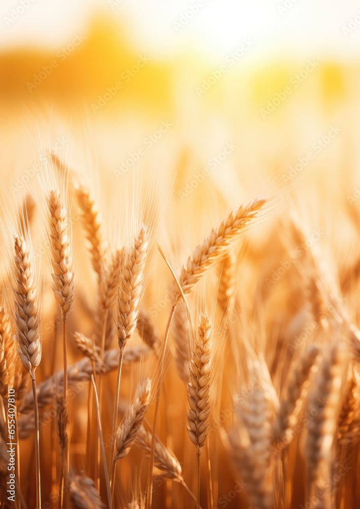 Close up view on wheat field with golden sunset light during sunny summer day. Generative Ai.