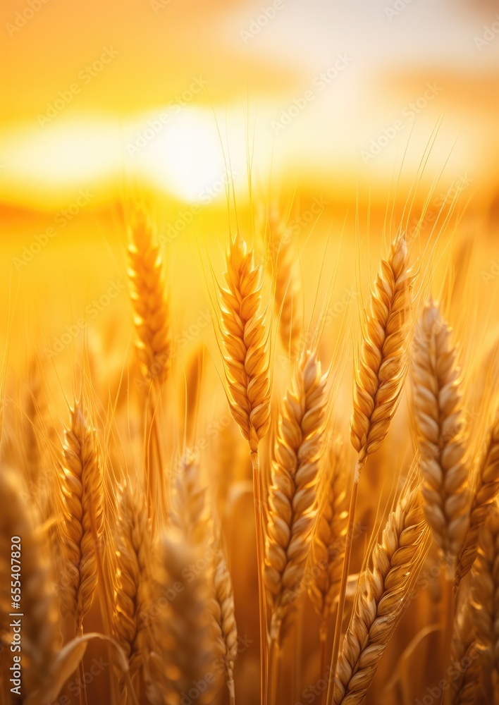 Fototapeta premium Close up view on wheat field with golden sunset light during sunny summer day. Generative Ai.