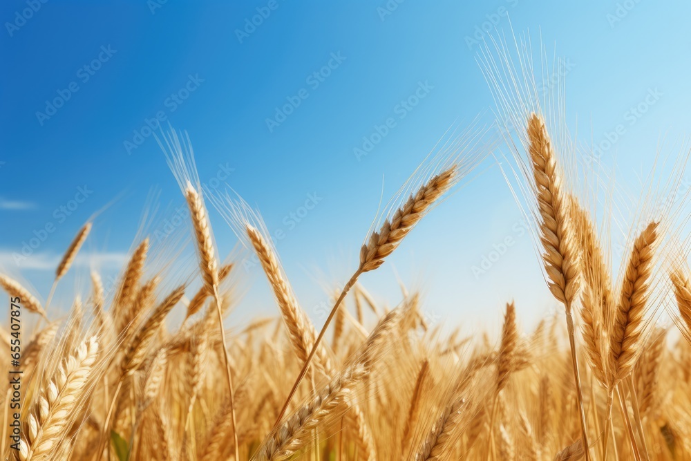 Close up view on wheat field during nice sunny golden hour. Generative Ai. Close up view on wheat field during nice sunny golden hour. Generative Ai.