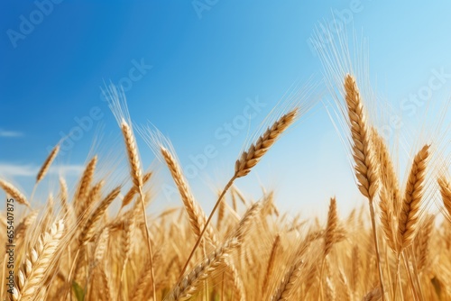 Close up view on wheat field during nice sunny golden hour.  Generative Ai.
