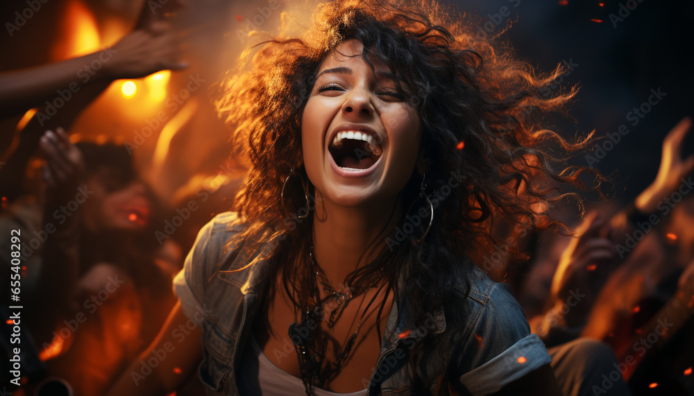 Young women enjoying the nightlife, dancing and laughing carefree at a nightclub generated by AI Young women enjoying the nightlife, dancing and laughing carefree at a nightclub generated by AI