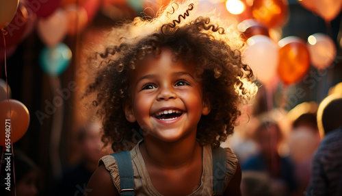 Smiling child, cheerful and happy, curly hair, looking at camera generated by AI