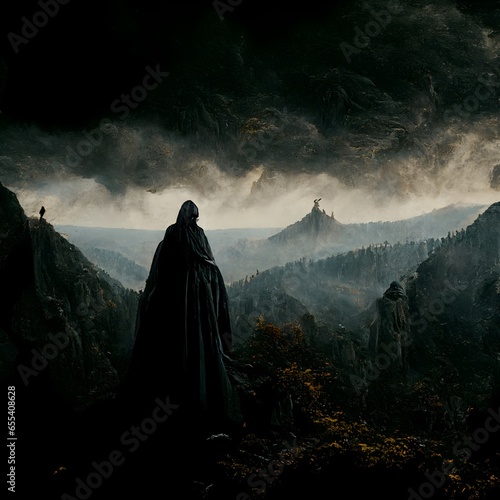 nazgul standing on mountain cliff looking down on windy mountain and forest scenery dark art dramatic scene dramatic lighting highly artistic renaissance masterpiece 8K octane render highly detailed  photo