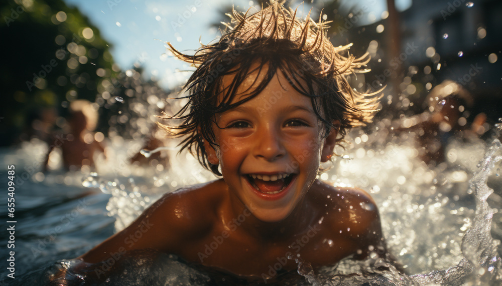 Fototapeta premium Smiling child splashing in water, enjoying carefree summer vacations generated by AI