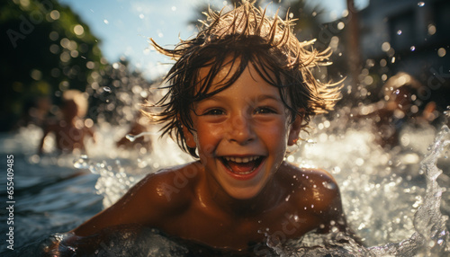 Smiling child splashing in water, enjoying carefree summer vacations generated by AI © Gstudio