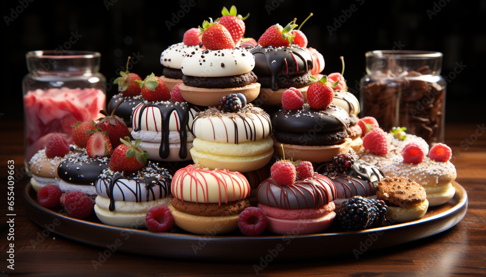 Gourmet dessert fresh strawberry and raspberry on a chocolate plate generated by AI Gourmet dessert fresh strawberry and raspberry on a chocolate plate generated by AI