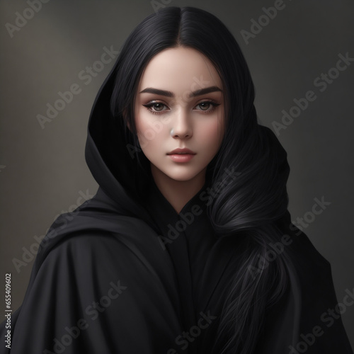 A very beautiful witch wearing a black robe