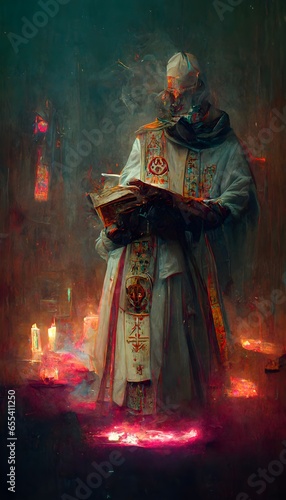 full page painting of an occult priest sketched in a cyberpunk style pale colours fire reflections white paper cinematic composition hyper realistic octane render 8K old fine details 
