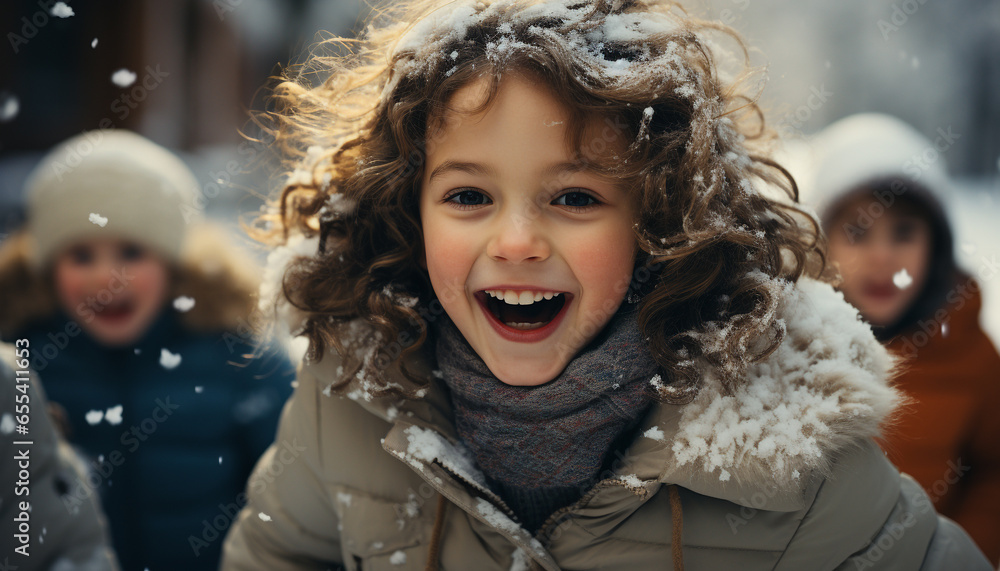 Smiling winter girl in warm clothing enjoys playful snow fun generated by AI Smiling winter girl in warm clothing enjoys playful snow fun generated by AI