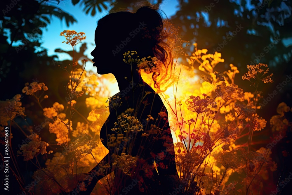 Mysterious woman in soft colorful floral light