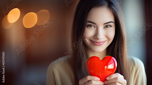A beautiful young woman holds a red heart in her hands. Love concept for Valentine's Day. Illustration for cover, card, postcard, interior design, decor or print.