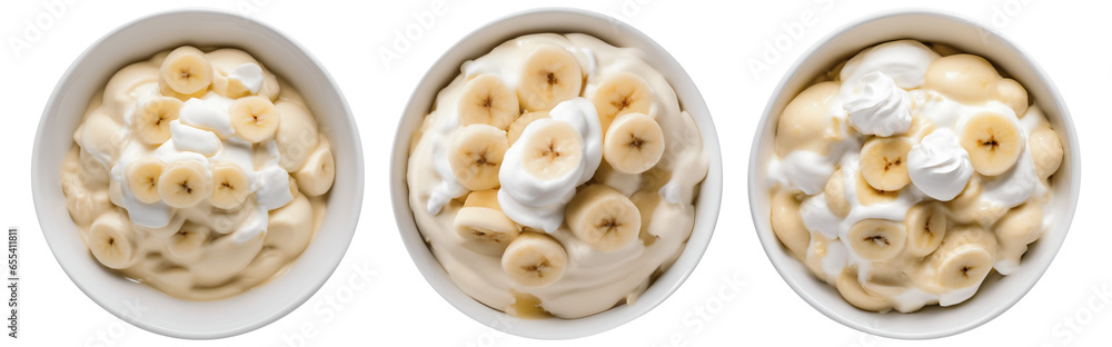 Banana Pudding on white bowl, top view with transparent background, Generative AI Technology Banana Pudding on white bowl, top view with transparent background, Generative AI Technology