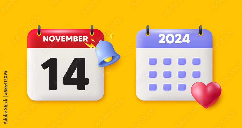 Calendar date 3d icon. 14th day of the month icon. Event schedule date. Meeting appointment time. 14th day of November month. Calendar event reminder date. Vector Calendar date 3d icon. 14th day of the month icon. Event schedule date. Meeting appointment time. 14th day of November month. Calendar event reminder date. Vector