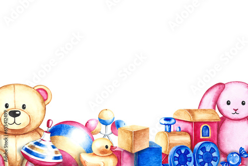 A banner with children's toys - a ball, a spinning top, cubes and a teddy bear, a bunny and a train. Handmade watercolor illustration. For the design of children's books, banners and flyers, packages.