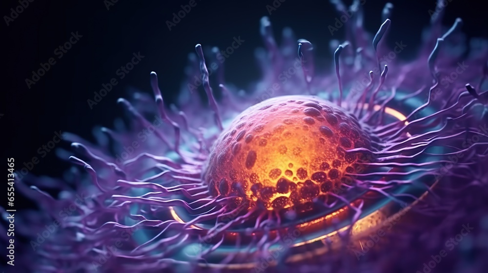 A biological luminous cell takes over the space. Conceptual medical or scientific illustration. Design for banner, poster, cover, brochure or presentation. - obrazy, fototapety, plakaty 