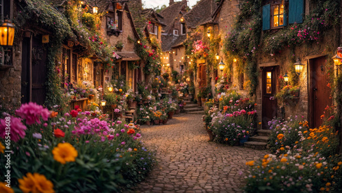Cute village street, houses, flowers, summer © tanya78