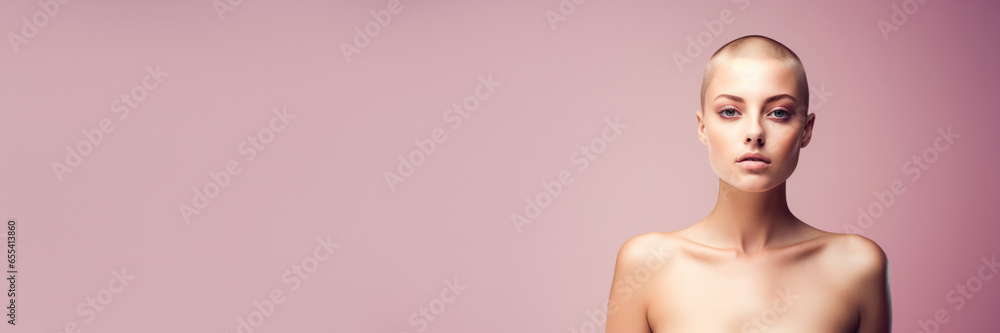 A resilient woman with shaved head isolated on a hopeful gradient background A resilient woman with shaved head isolated on a hopeful gradient background