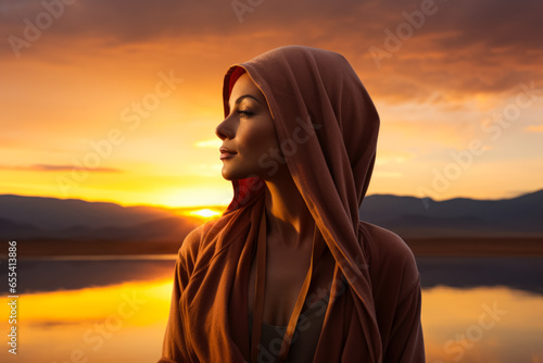 A reflective cancer patient gazing at a sunset isolated on a melancholic gradient background 