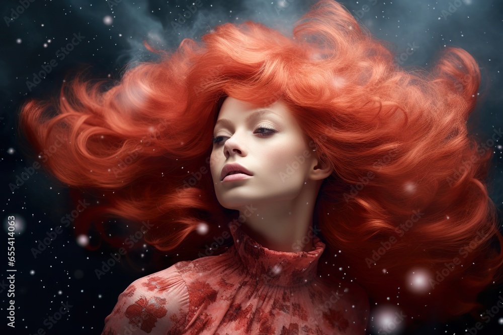 Portrait of a beautiful redhead woman with abstract hairstyle. Portrait of a beautiful redhead woman with abstract hairstyle.