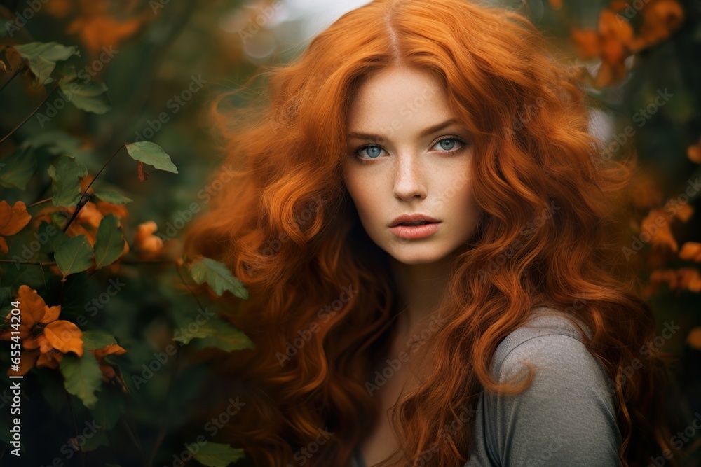 Portrait of a young beautiful redhead woman with beautiful hair posing in nature.