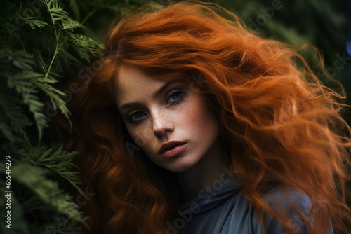 Portrait of a young beautiful redhead woman with beautiful hair posing in nature.