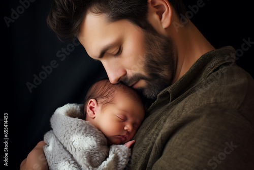 Young father hugs and kisses newborn baby